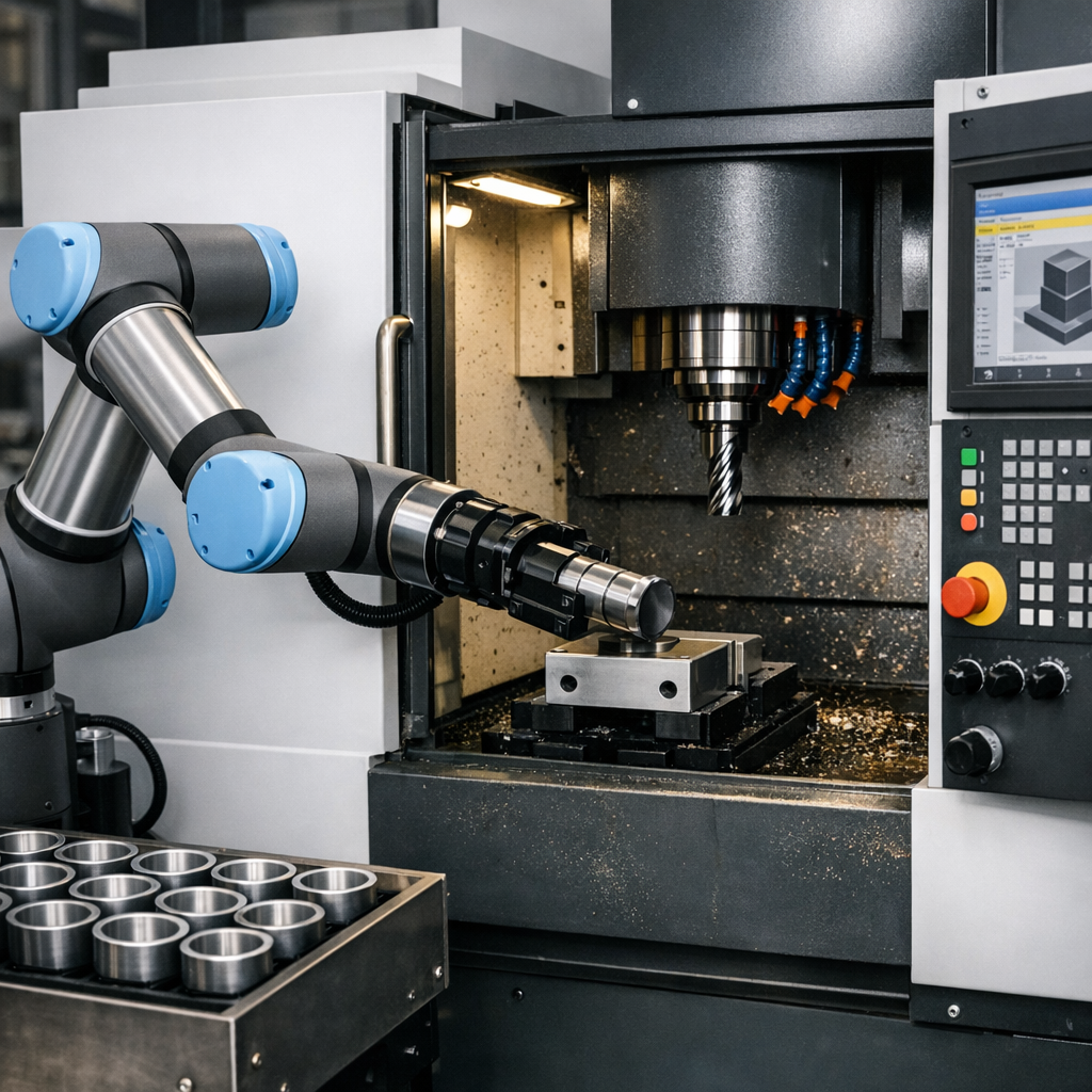 cnc cobot loading material onto a cnc mill