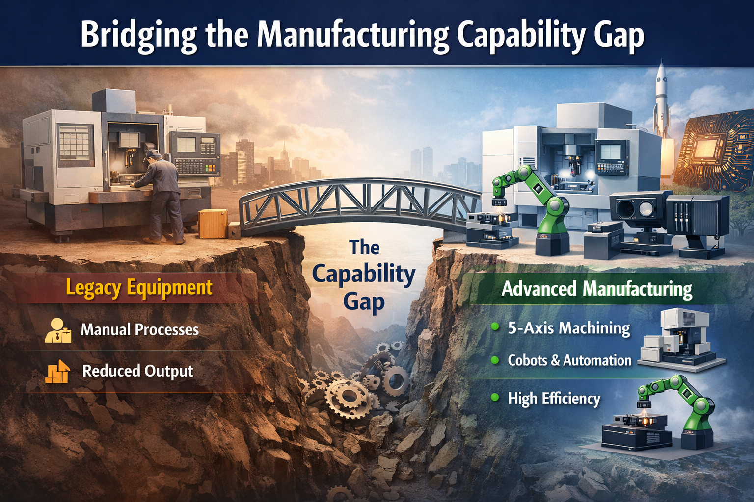 Illustration of the manufacturing capability gap showing legacy processes versus modern automation